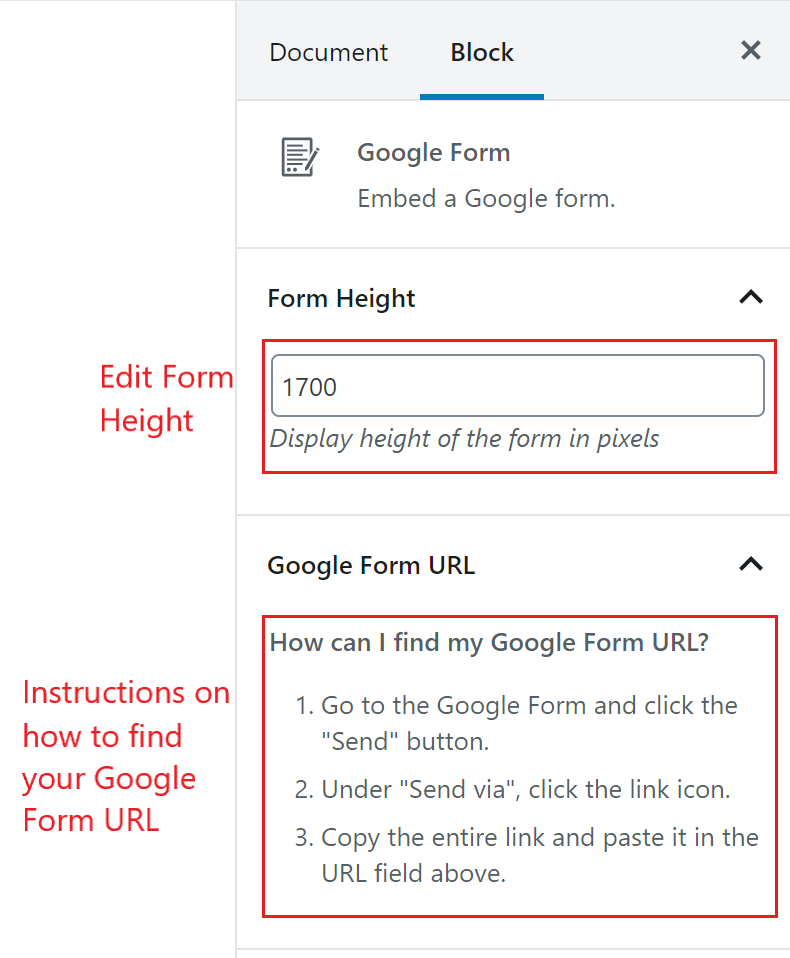 A Google Form block’s settings with the Form Height and Google Form URL sections outlined in red.