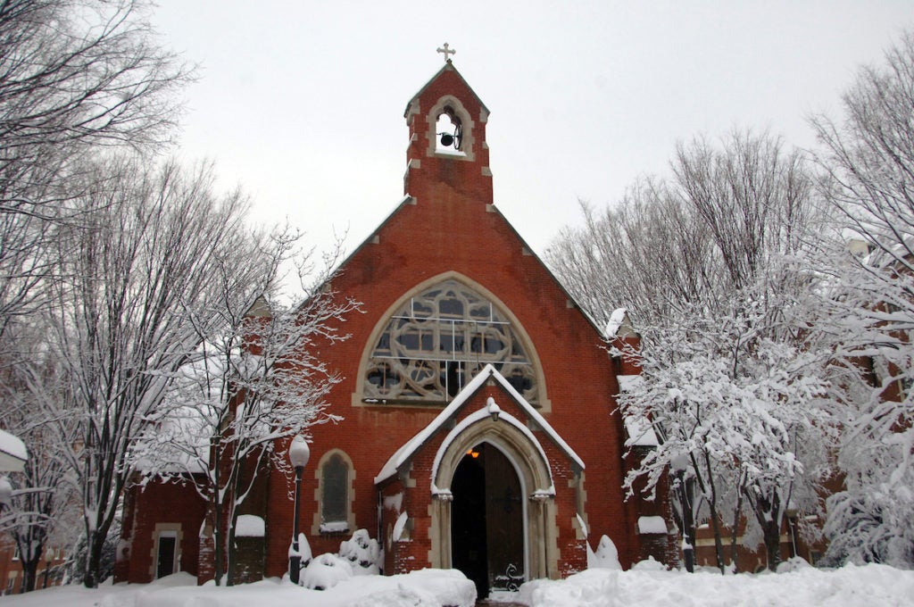 Photo of Dalgren Chapel covered in snow and ice.