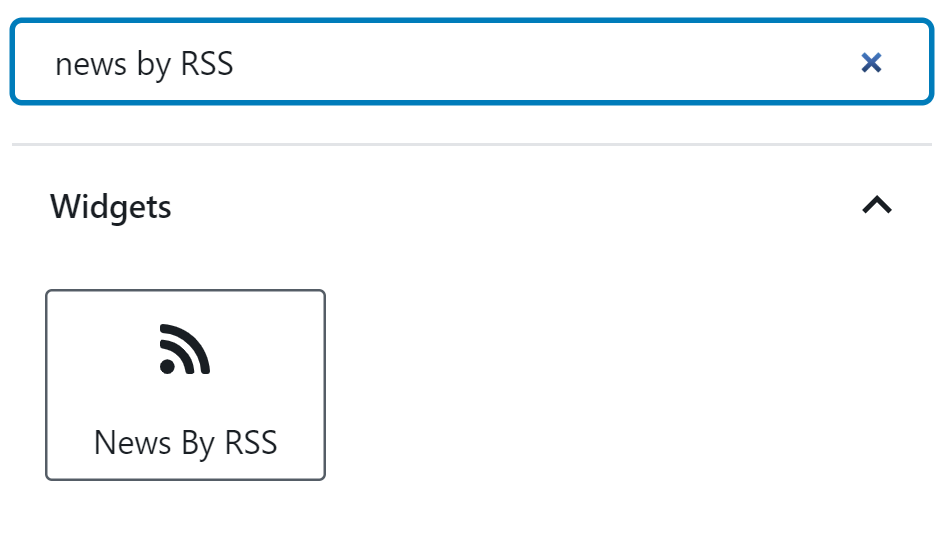 A user is searching for the News By RSS block in WordPress