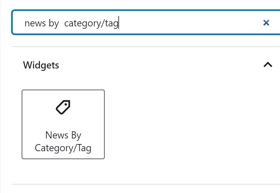A user is searching for the News By Category/Tag block in WordPress.
