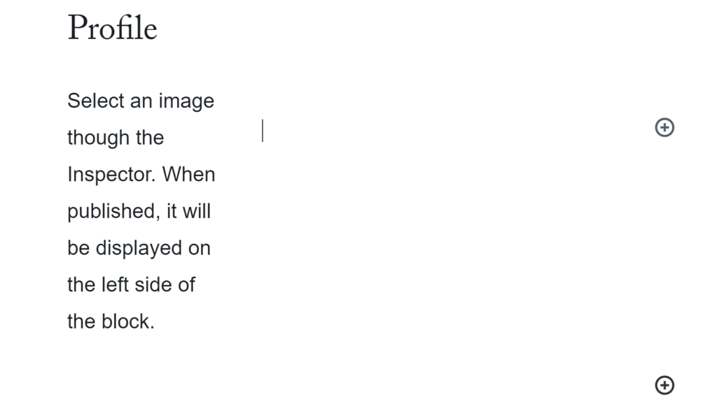 A user has filled out the text portion of profile block and is about to upload an image to alongside the text