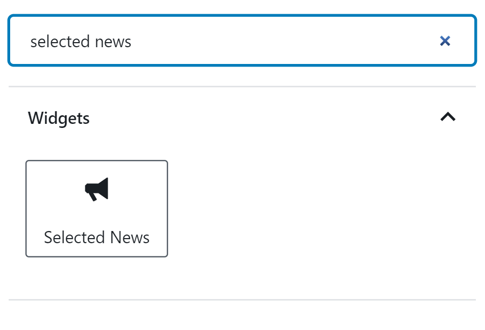 A user is searching for the Selected News block in WordPress