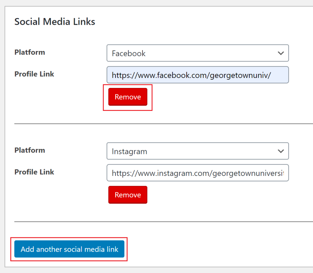 The social media links field with options to delete and add more highlighted.