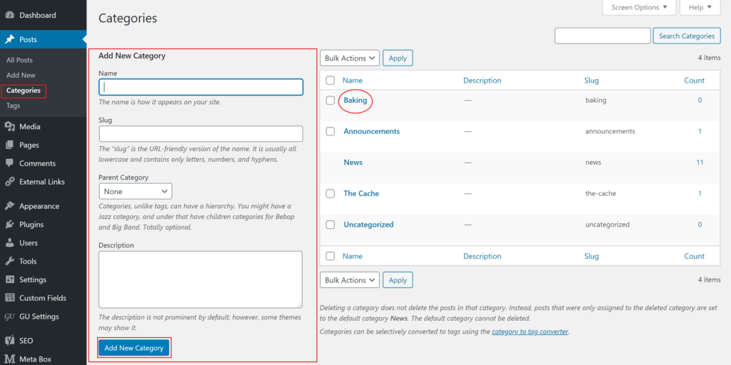 View of the category field highlighting how to add a new category.