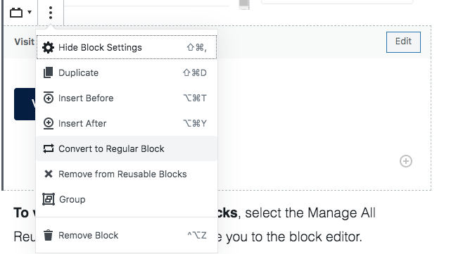 View of the reusable block options menu with convert to regular block option highlighted.