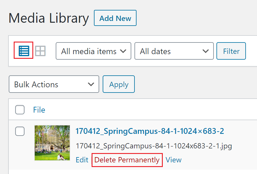 View of a Media file in the Media Library highlighting the Delete Permanently link.