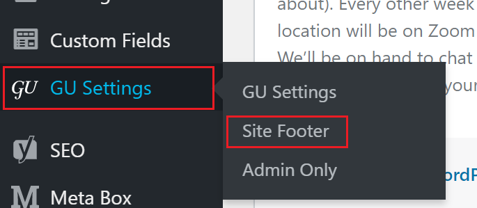 The Site Footer tab highlighted in the Administration Menu.