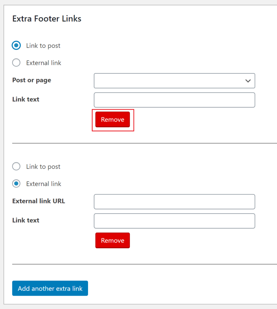 The extra footer links field with the delete and add more options highlighted.