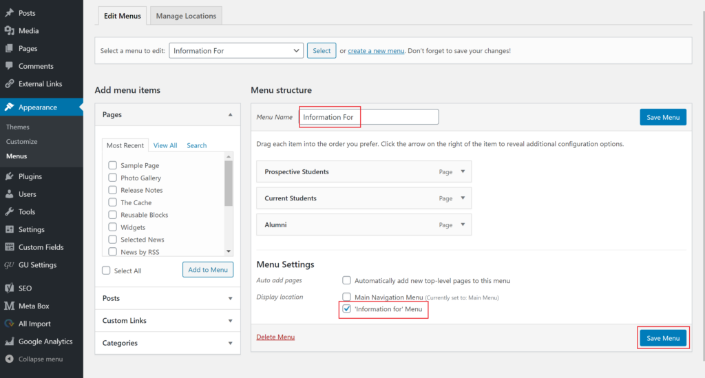 Under Menu Name “Information For” and with “Information for” Menu display location box checked off, Save Menu button is outlined.