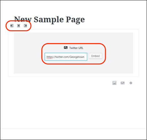 Twitter embed block, illustrating the options for aligning the block left, center, or right, and for entering the URL for embedding