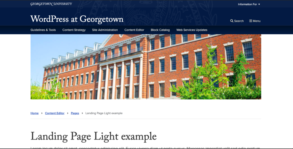 Screenshot of a page using the landing page light template with featured image, breadcrumbs, and page title visible.