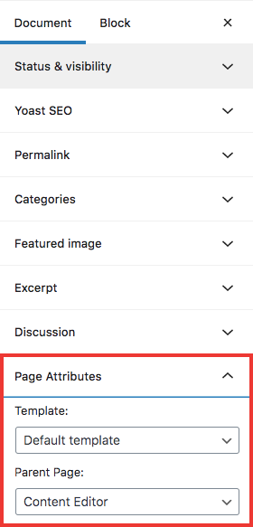 View of the wordpress editor showing the page attributes section under the document menu.