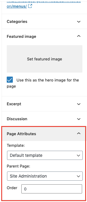 Screenshot showing the right side panel of a page editor with the page attributes section highlighted including the parent page selector.