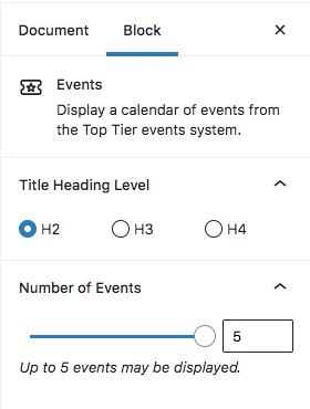 Display of WordPress editor showing Title Heading Level option and Number of Events scroller for Events block.