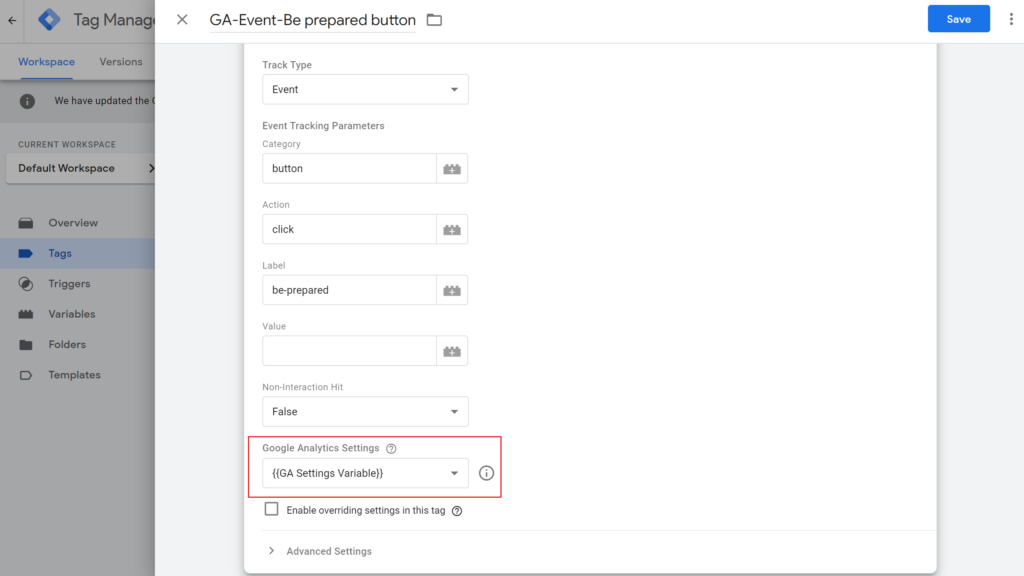 Under the event tracking parameters, the google analytics settings is outlined in red.