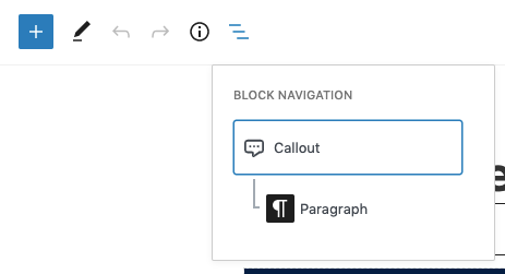 Screenshot of block navigation pop-up with callout tab outlined in blue.