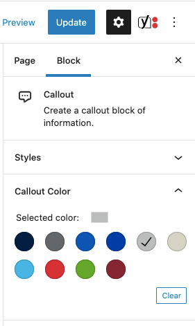 Callout color options under sidebar block options. 