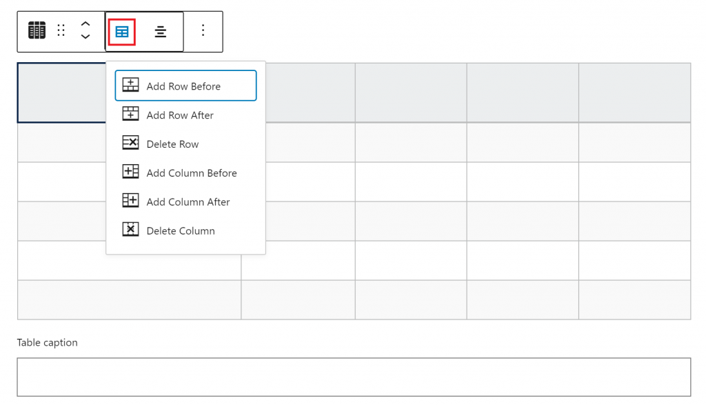 Table operations icon outlined in red in the data table settings.