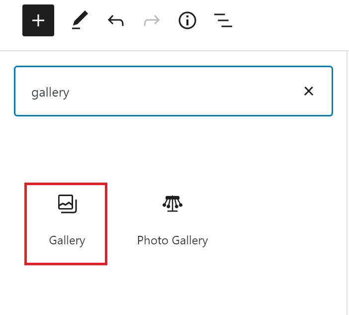 The Gallery block icon is outlined in red in the block search bar.