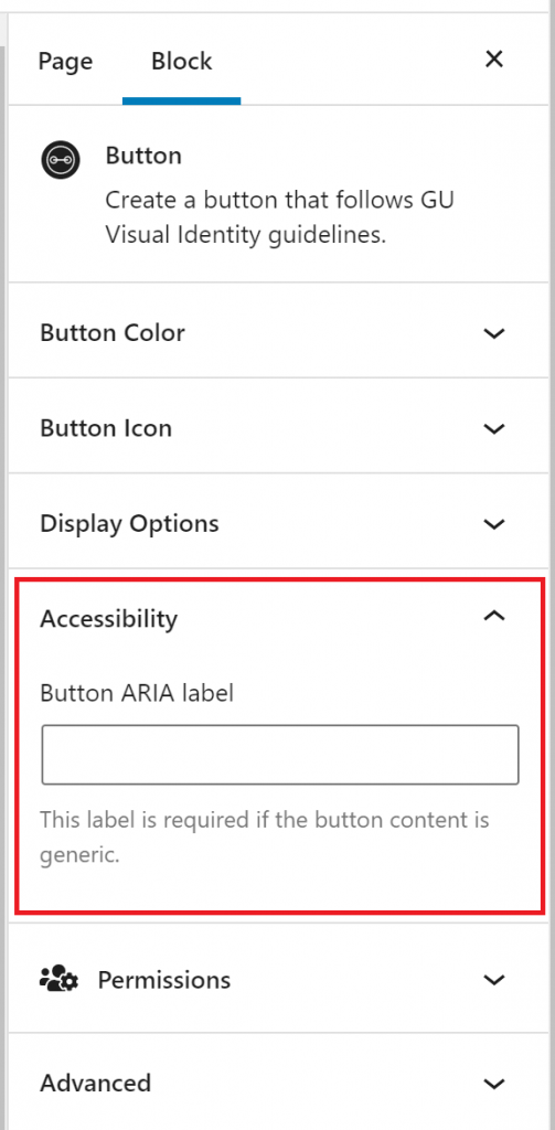The accessibility option is outlined in red in the button block’s option.