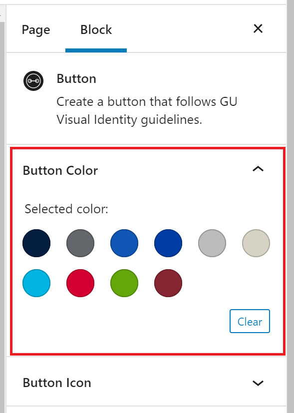 The button block inspector panel with  button color options outlined in red.