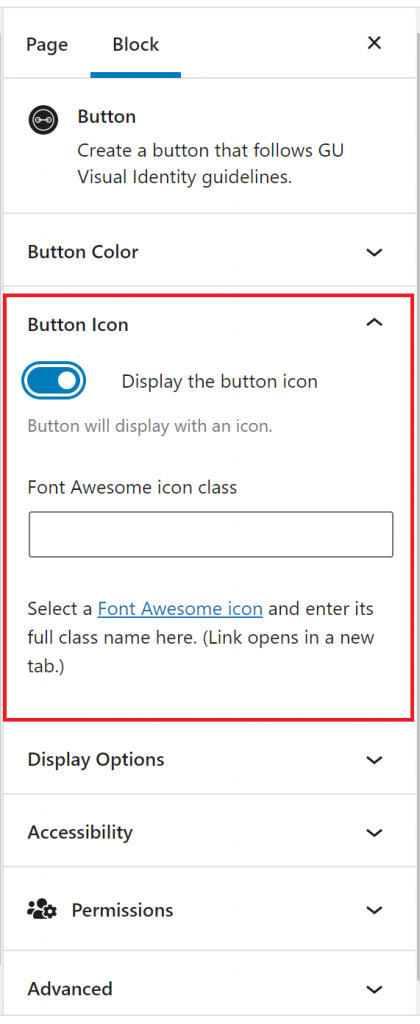 The button block inspector panel with button icon option outlined in red.