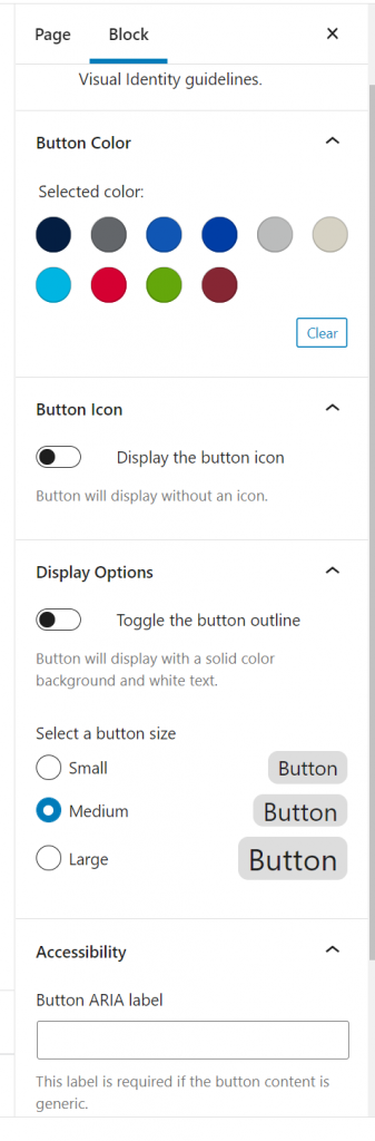 Button inspector panel view showing options for Styles, Button Icon, Display Options, and Accessibility all outlined in red.