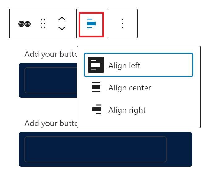 The button row block’s overhead alignment option outlined in red.