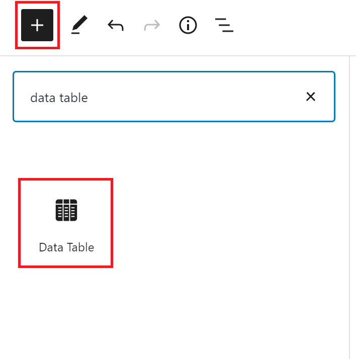 Data Table block icon outlined in red under the block search bar.