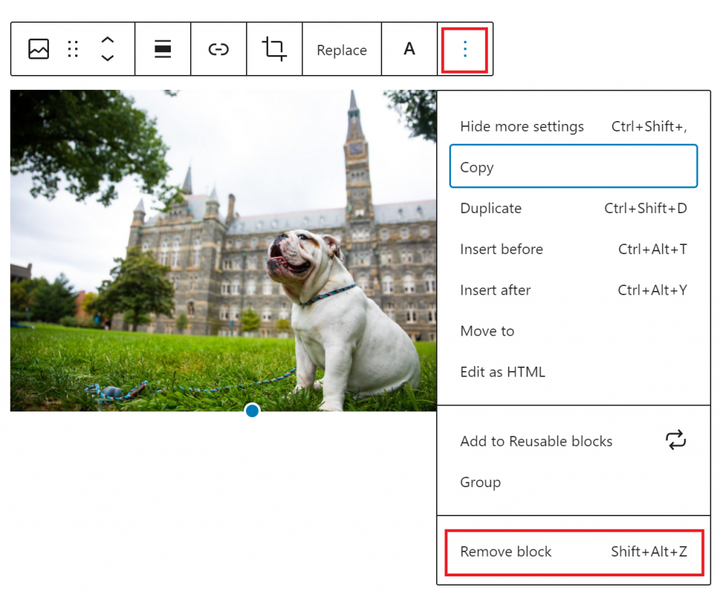 An image block’s remove block option is outlined in red in the three dot setting dropdown menu which is also outlined in red.