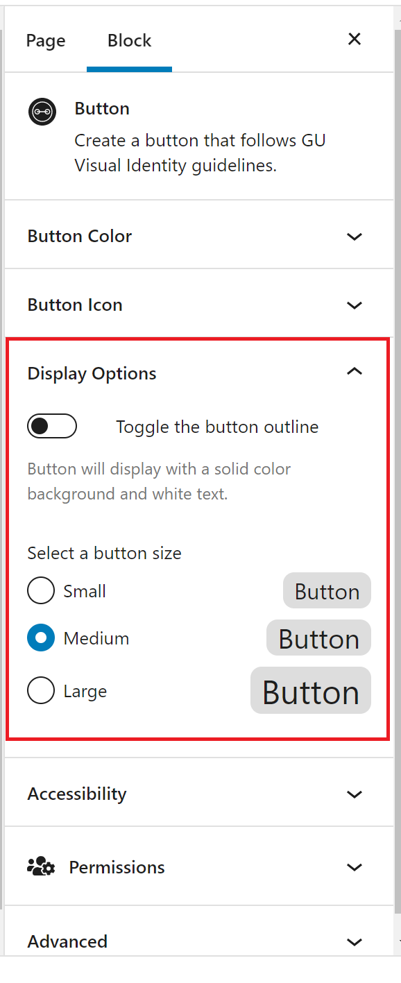 The button block inspector panel with the button display options is outlined in red.