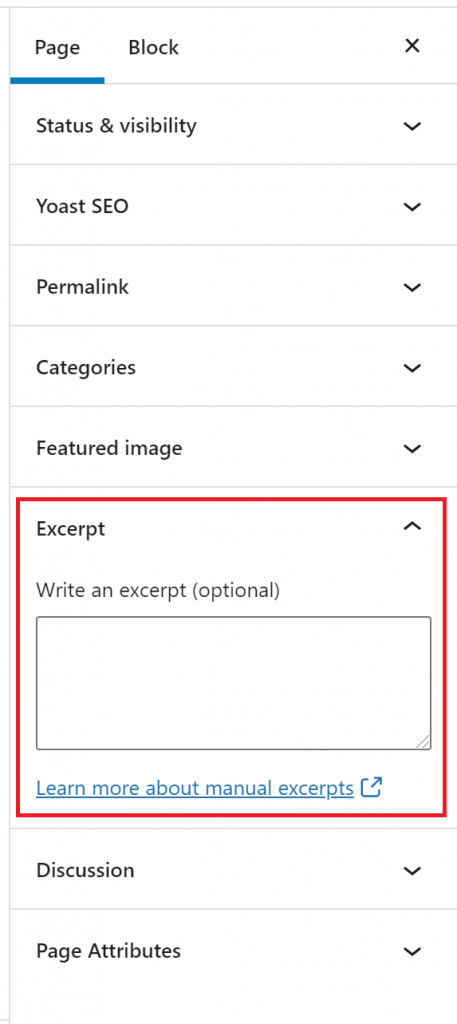 Screenshot of editor showing excerpt field in the editor page sidebar.