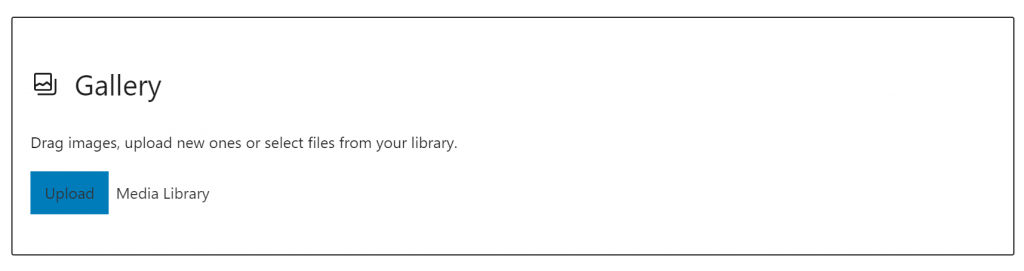 A blank gallery block with the Upload button filled in with blue.
