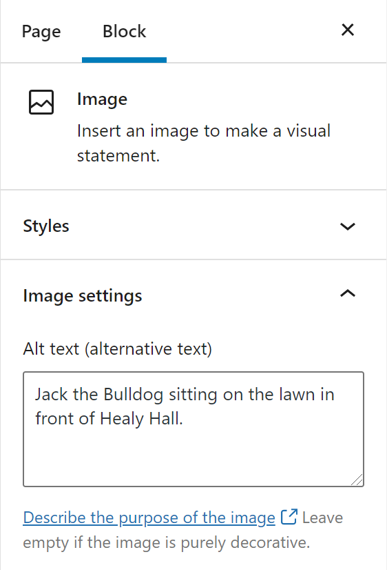 View of an image block’s settings with the alternative text field option opened.