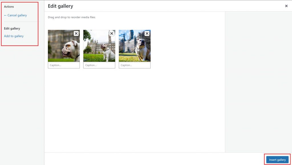 The actions and edit gallery options along with the insert gallery button are outlined in red in the gallery’s edit window.