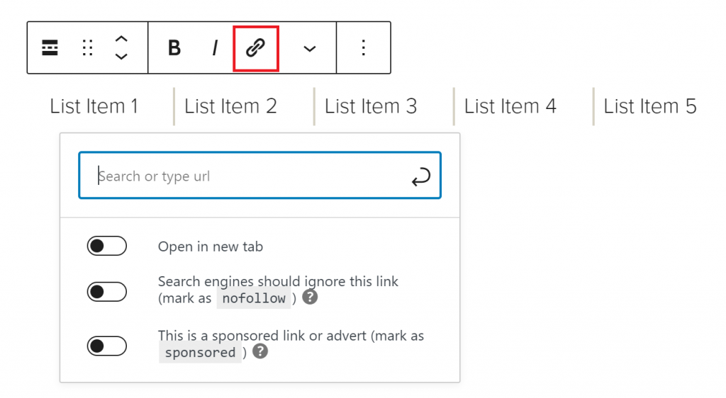 The hyperlink option is outlined in red in an inline list block’s overhead settings.