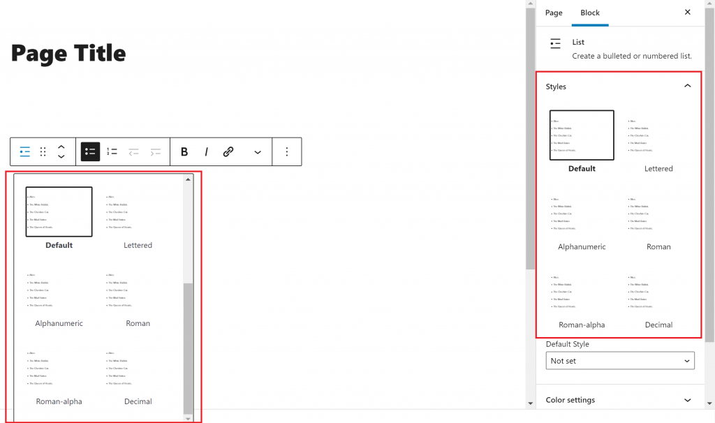 All six of the list block’s style options are all outlined in red in the block’s setting.