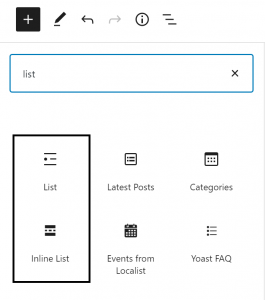The block search bar with the list and inline list block icons outlined in red.