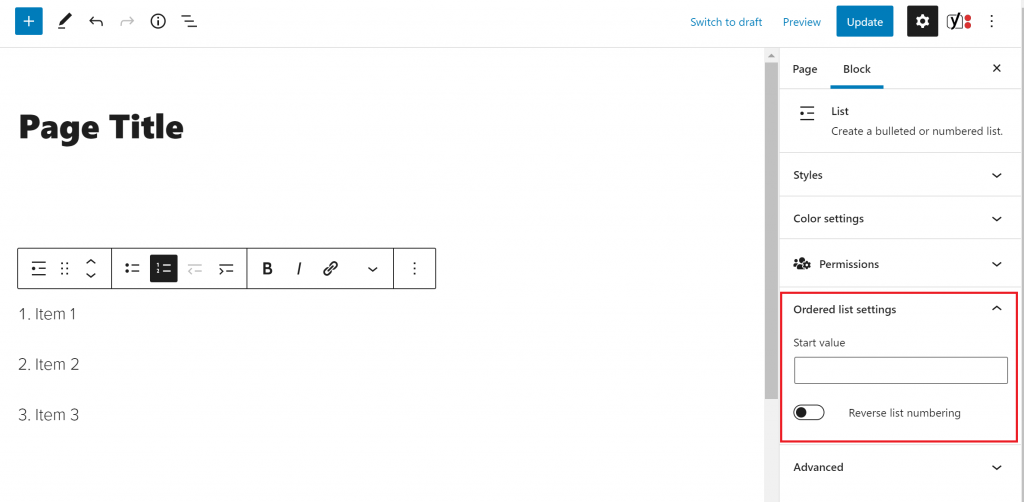The ordered list settings are outlined in red and are in the list block’s settings.