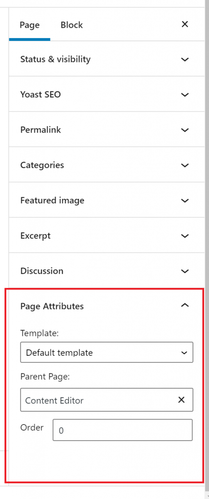 View of the wordpress editor showing the page attributes section under the document menu.