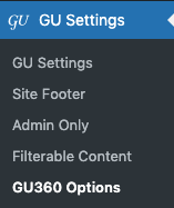 GU settings and GU360 options in WordPress dashboard. 