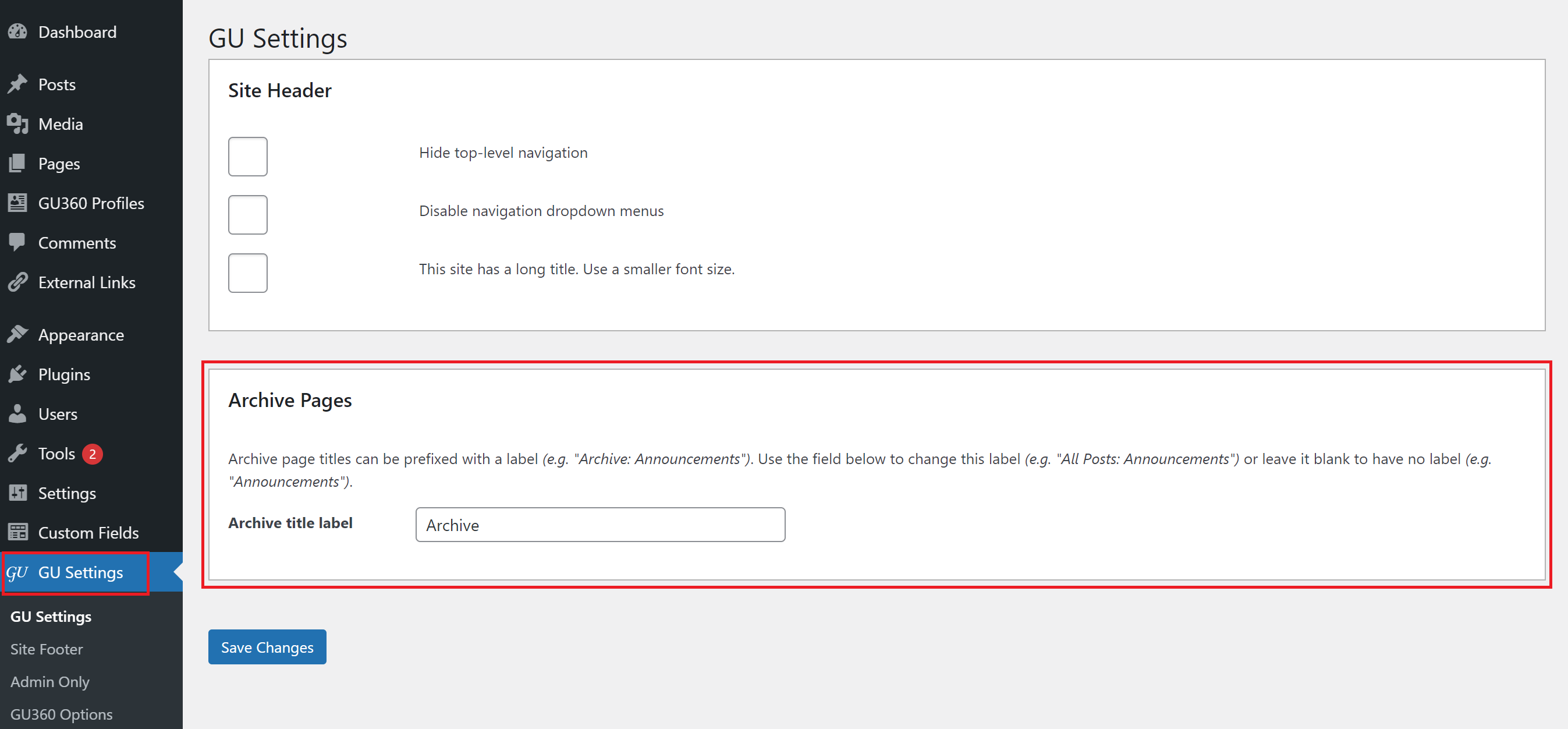 View of GU settings tab with the Archive Pages setting highlighted.