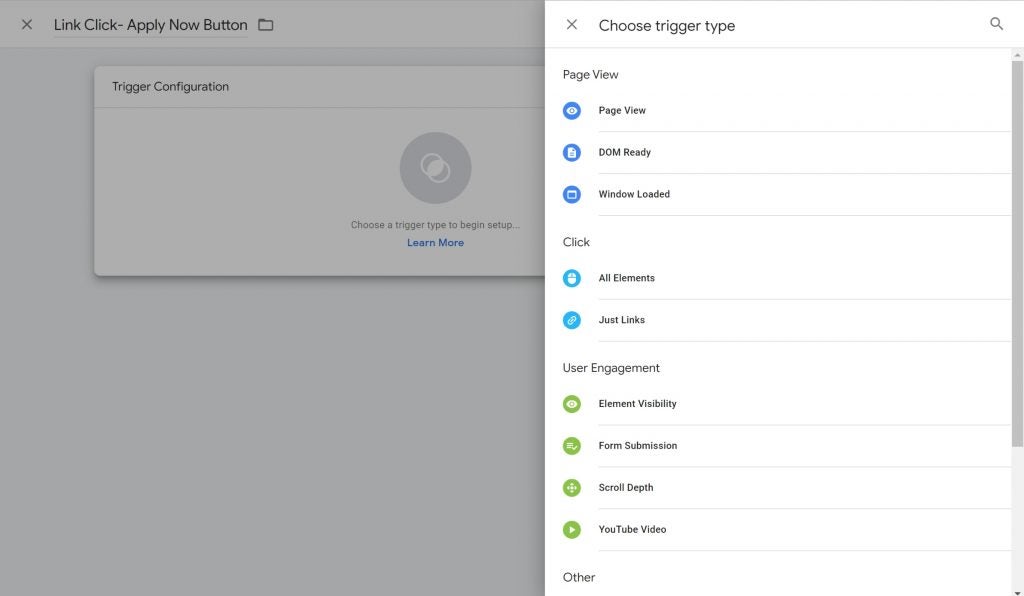 View of the Choose trigger type menu in Google Tag Manager.