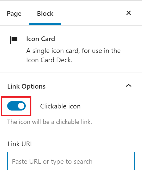 View of the Icon Card block settings with the clickable icon link option outlined in red.