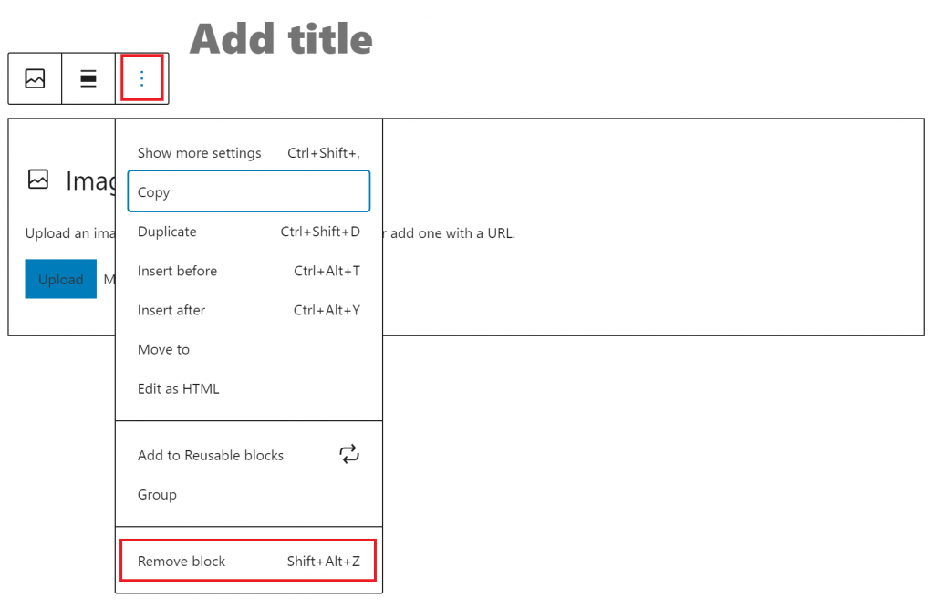 View of the "More Options" block menu with red outlines around the "More Options" and "Remove Block" buttons.