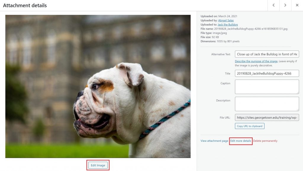 View of the Edit Attachment field with the Edit image highlighted.