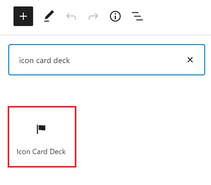 The icon card deck icon outlined in red under the block search bar.