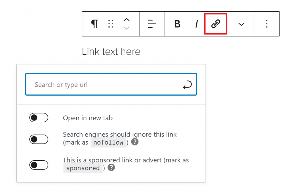 The hyperlink option is outlined in red in a text’s overhead settings.