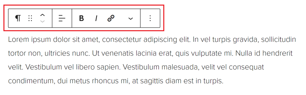 View of a paragraph block with red box outlining the over block settings.