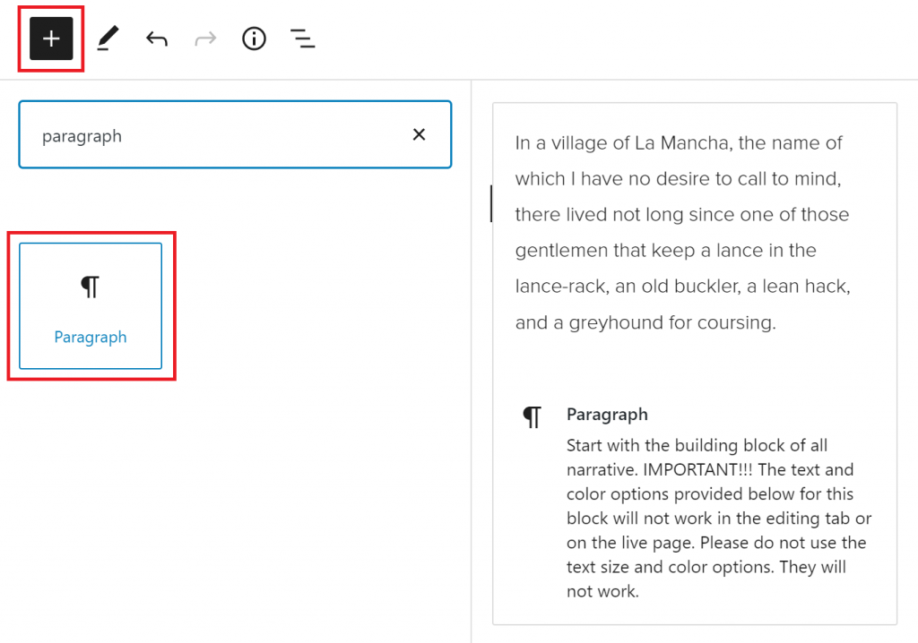 A red box outlining the "Paragraph" icon in the block search bar.